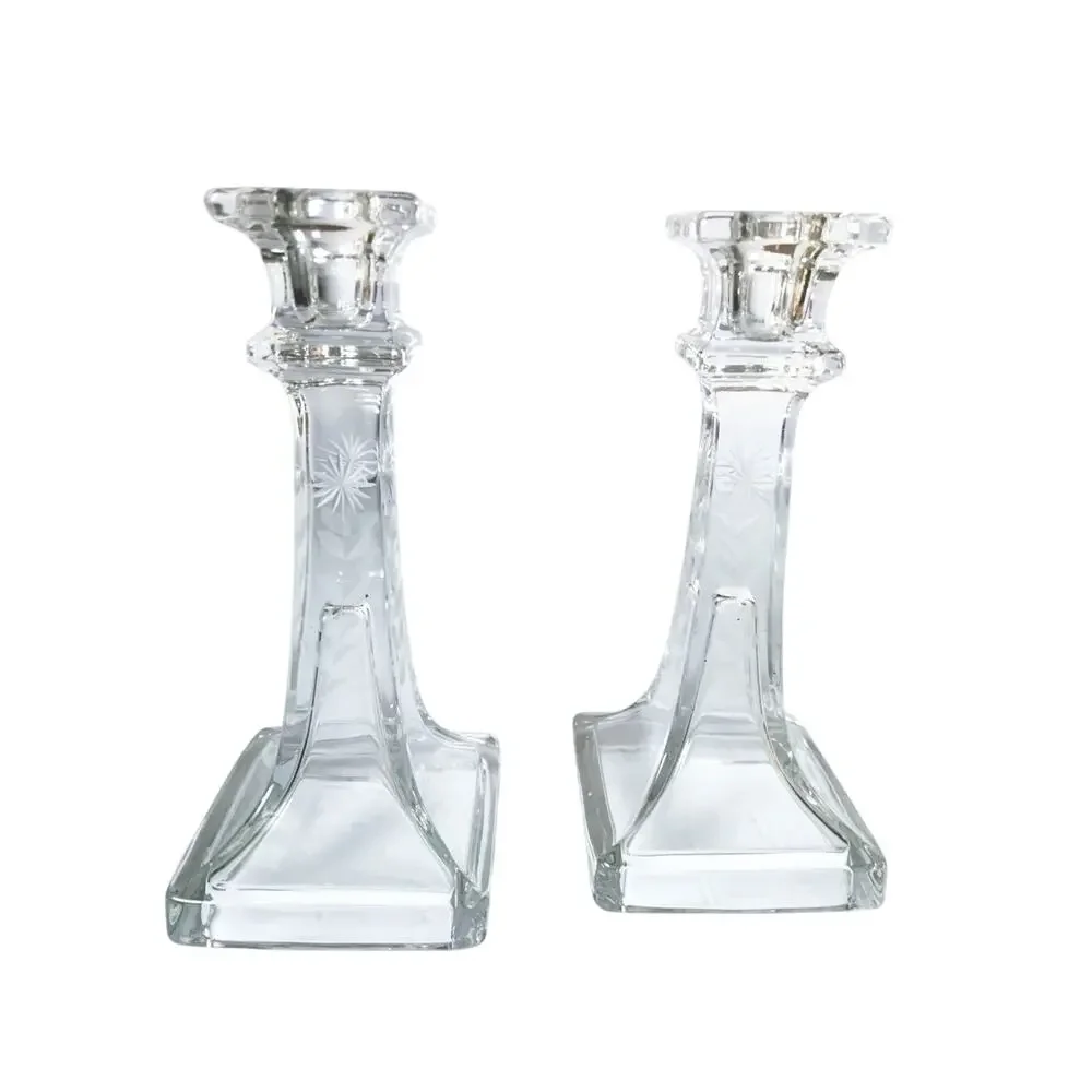 Pair Vintage Etched Glass Tapered Candle Stick Holders Etched Flower on 4 sides